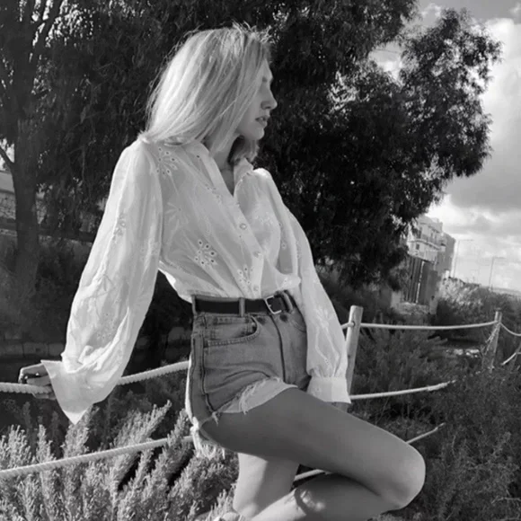 SOLD OUT White Boho Floral Eyelet Button Up Blouse - Picture 8 of 15